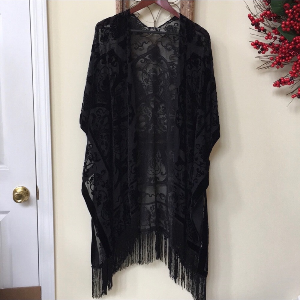 Mossimo Fringe Velvet Sheer Kimono in Ebony/Black